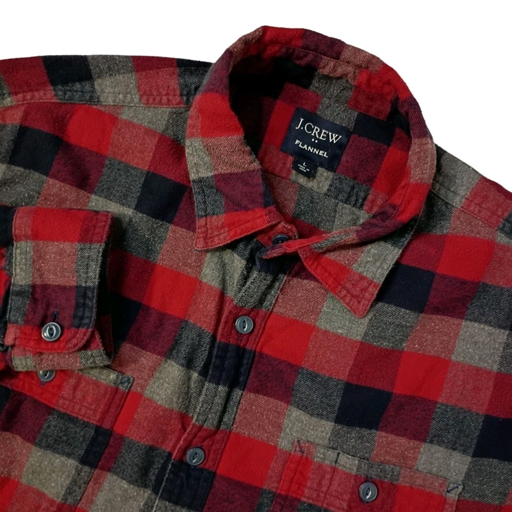 J.Crew Flannel Shirt Men Large Red Navy Plaid Cotton Heritage Workwear Casual